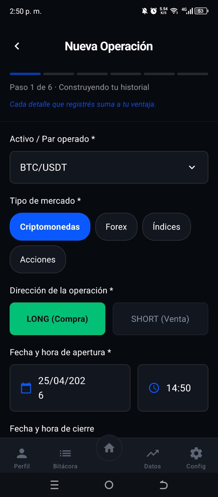 Registro de nueva operación